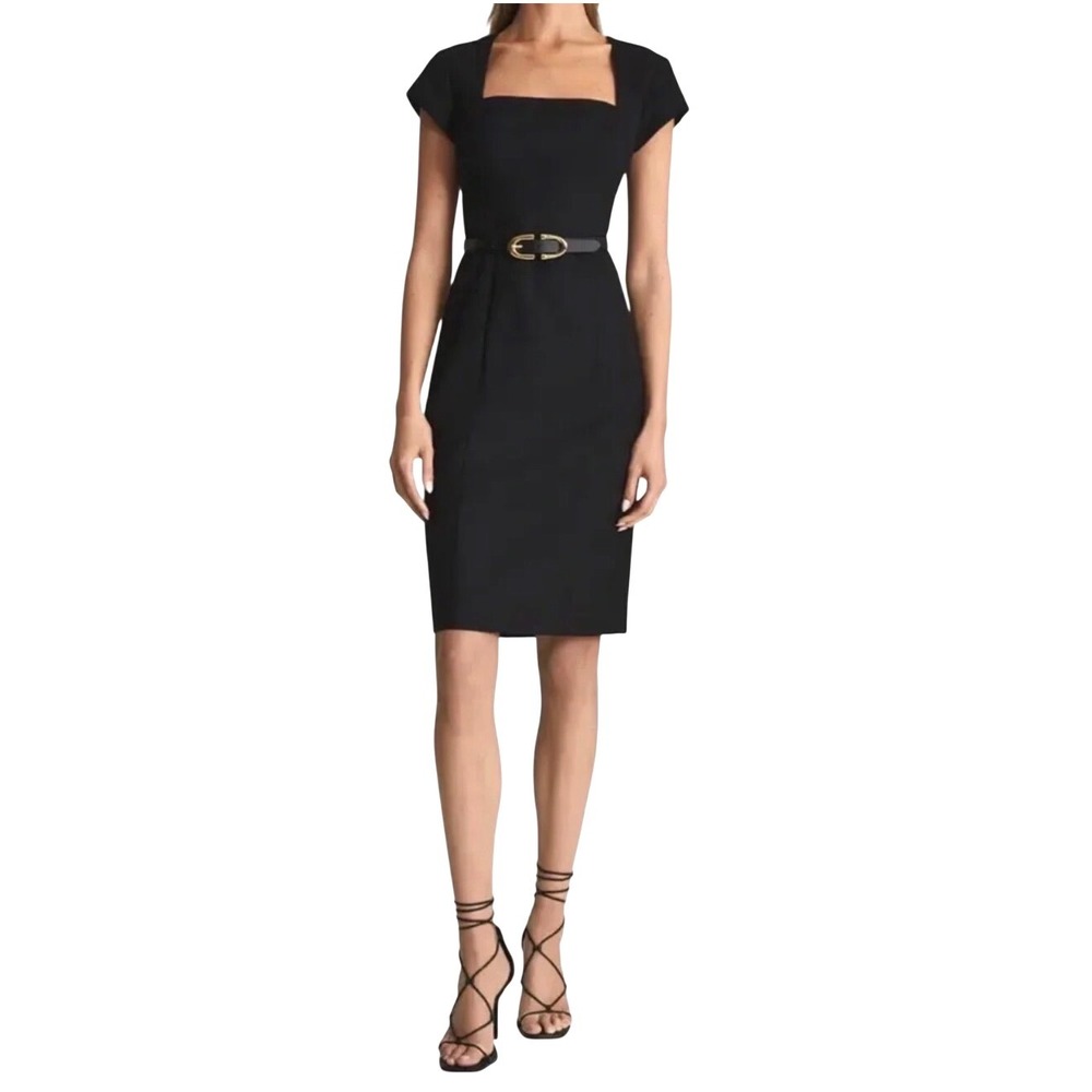 Reiss Dress Haisley Black Wool Blend Tailored Square Neck Cap Sleeve Size 6